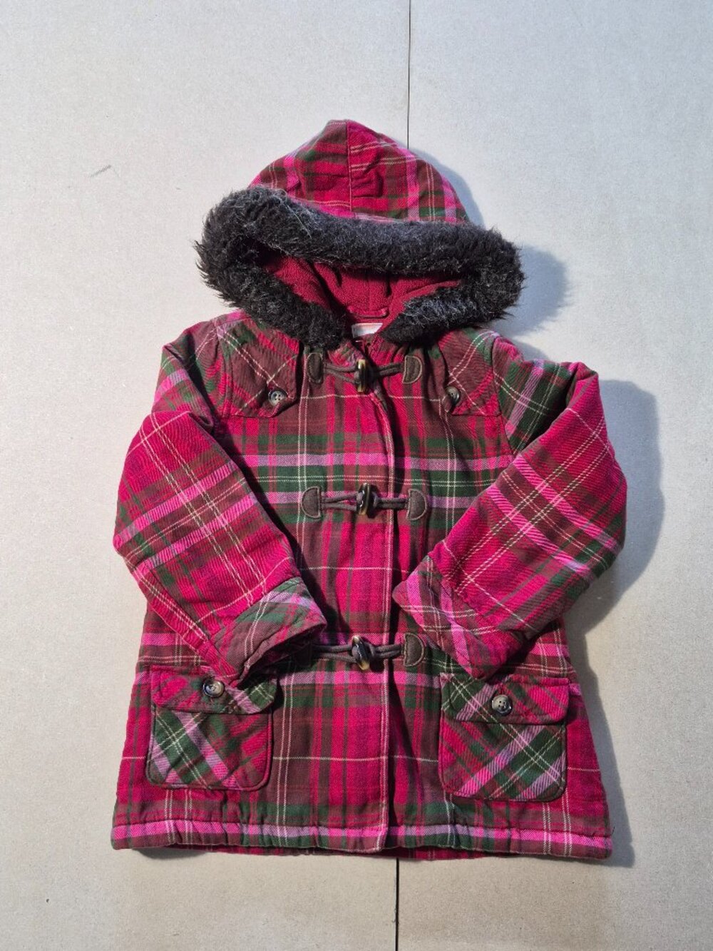 Gymboree Plaid Toggle Hooded Jacket 5-6 Girls Alpine Sweetie Faux Fur Coat